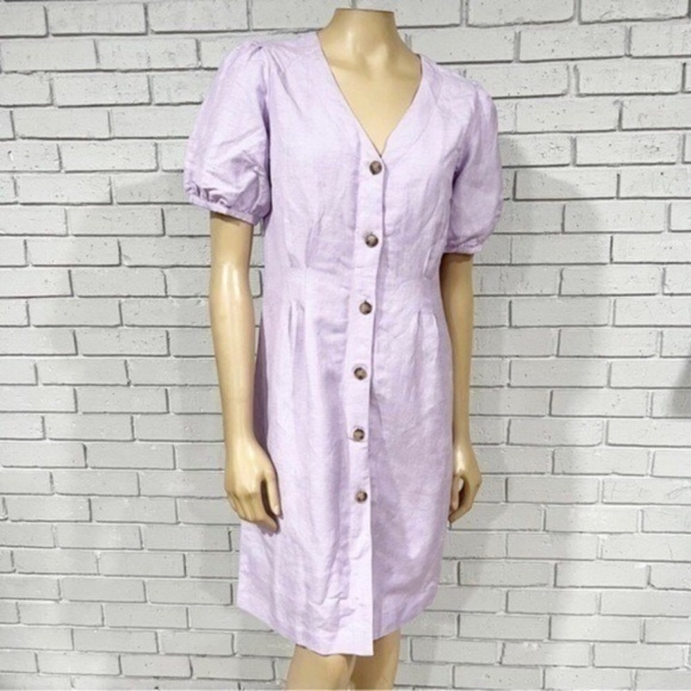 LOFT Lavender Linen Puff Sleeve Button Front V-Neck Shift Dress NWT Sz 0